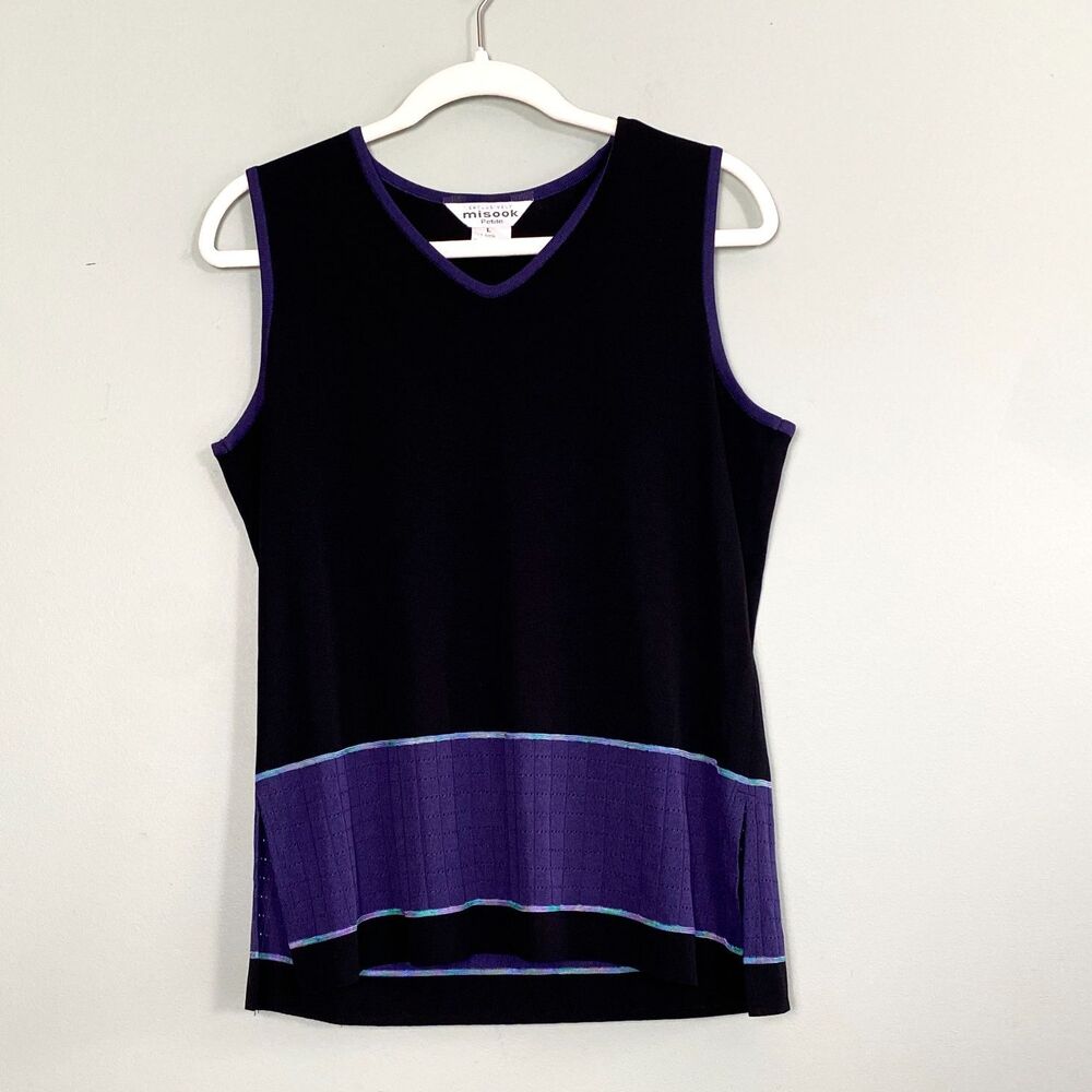 Exclusively Misook Sleeveless Shell Top Womens Large Black Purple Knit Tank